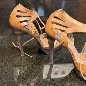 Diane Von Furstenberg Tan Leather Lace-Up Cutout Stiletto Heels